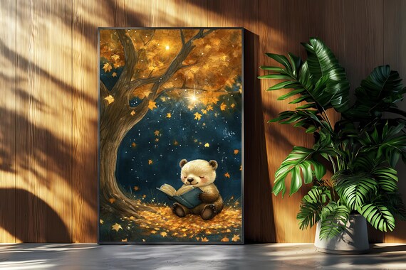 Magical Autumn Bear Reading Book Poster with Golden Tree Night Sky
