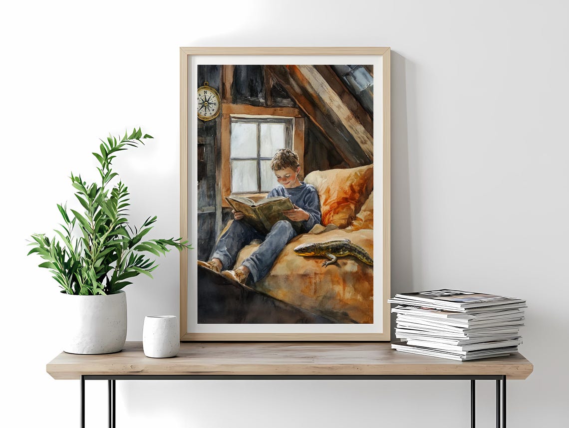 Cozy Boy Reading in an Attic with a Salamander Watercolor Poster
