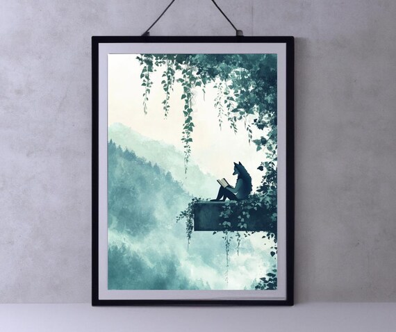 Wolf Reading Book Misty Cliff Forest Mystical Animal Art Poster
