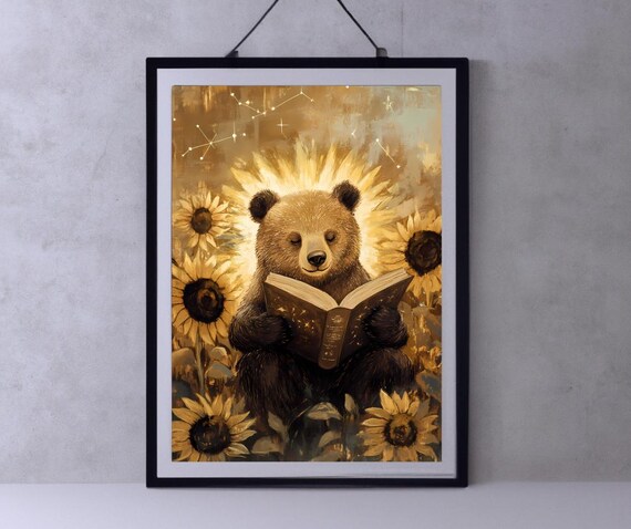 Cozy Bear Reading a Book Among Golden Sunflowers at Night Poster