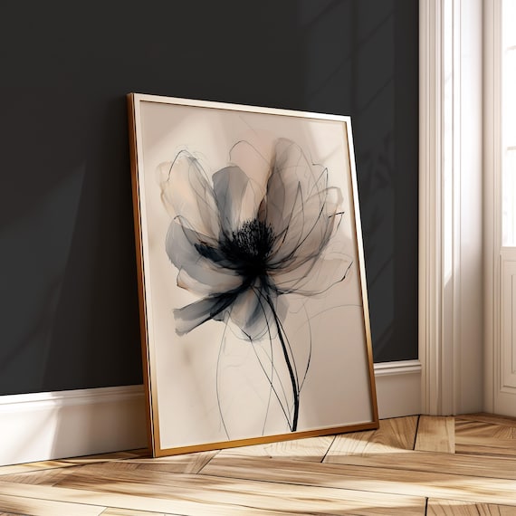 Translucent White Ink Flower Soft Minimal Beige Neutral Wall Art
