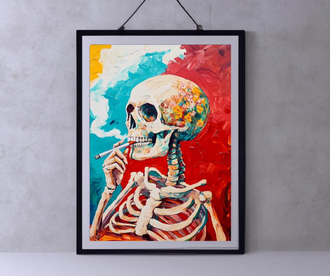 Van Gogh Print Skull Of A Skeleton With Burning Cigarette Moody Dark Academia Print Dark Wall Art Skull Art Print Gothic Wall Art