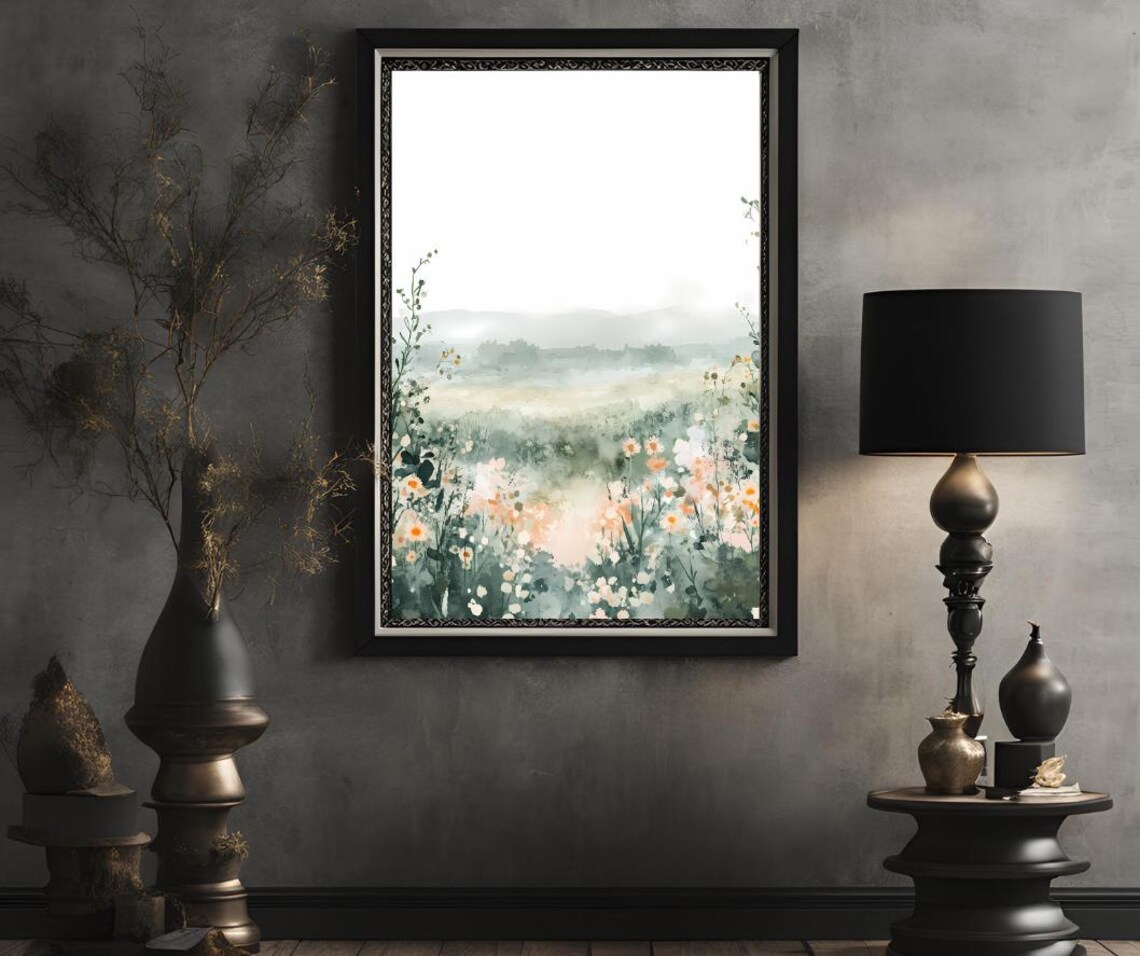 Sunlit Wildflower Meadow In Soft Misty Watercolor Landscape Poster - Image 2