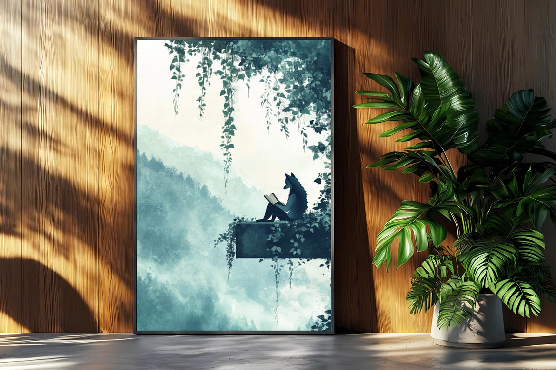 Wolf Reading Book Misty Cliff Forest Mystical Animal Art Poster - Image 4