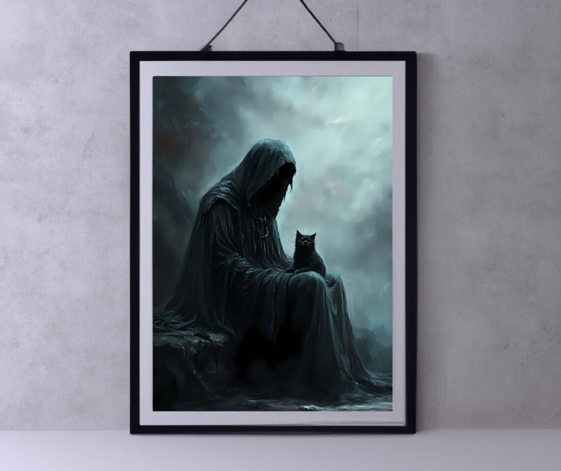 Grim Reaper Sitting With Black Cat In Misty Darkness Spooky Gothic Poster