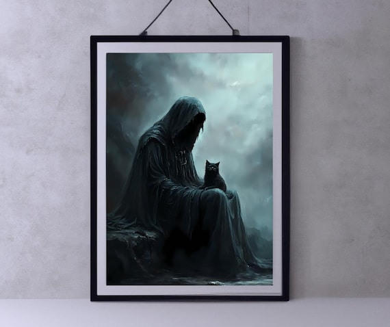 Grim Reaper Sitting With Black Cat In Misty Darkness Spooky Gothic Poster