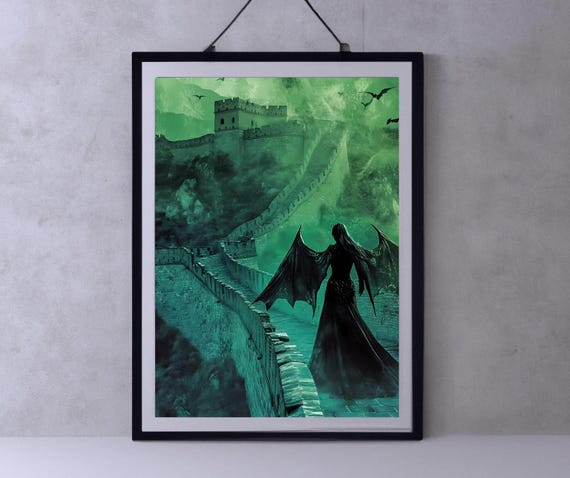 Dark Fantasy Wall Art Gothic Woman On Great Wall Mysterious Green Atmosphere Gift For Fantasy Lovers