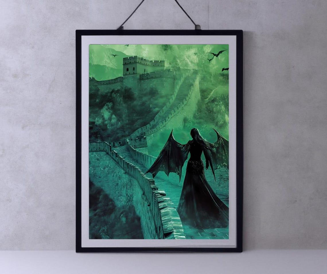 Dark Fantasy Wall Art Gothic Woman On Great Wall Mysterious Green Atmosphere Gift For Fantasy Lovers