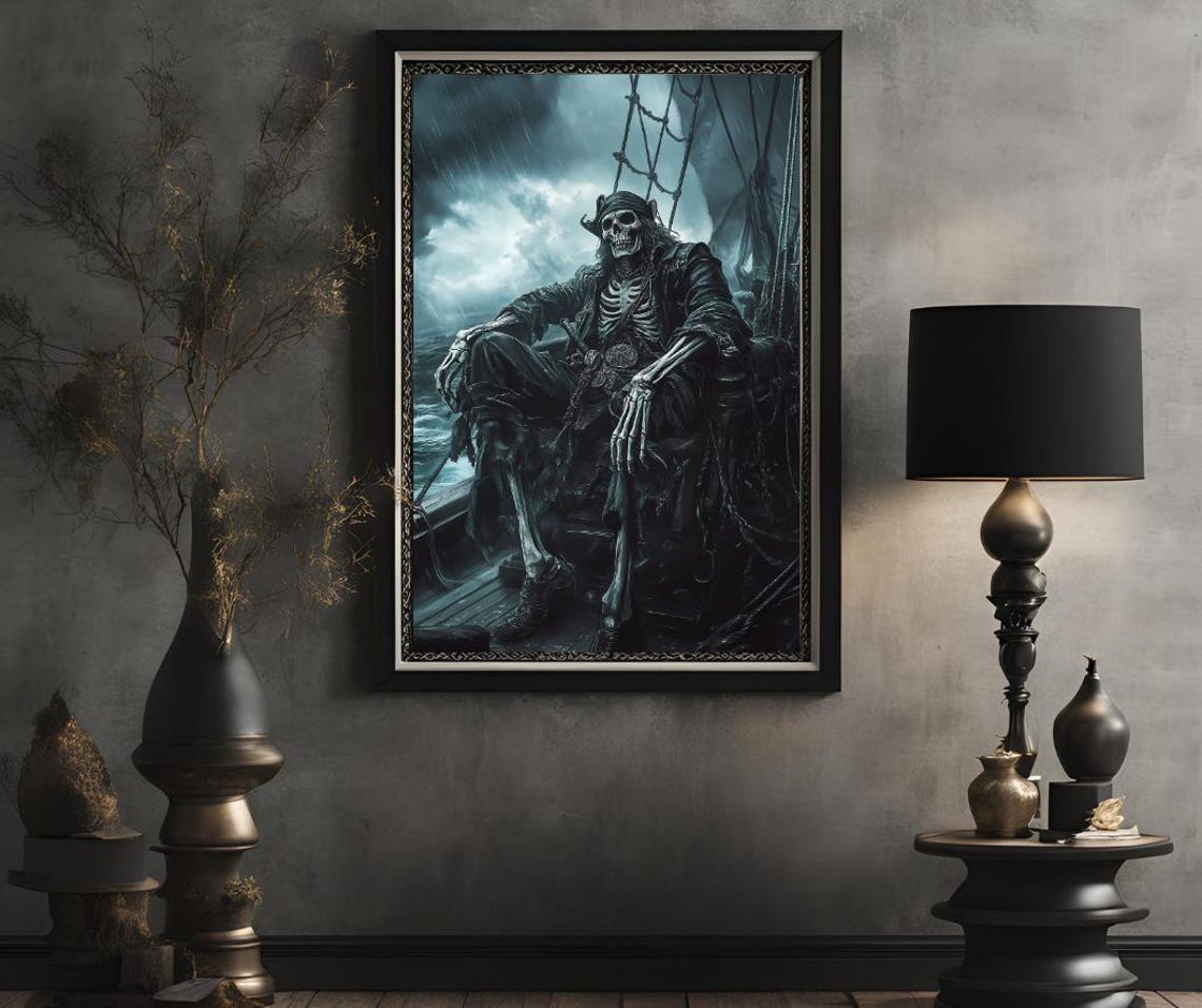Skeleton Pirate Captain Sitting on a Stormy Haunted Ship Poster - Image 2