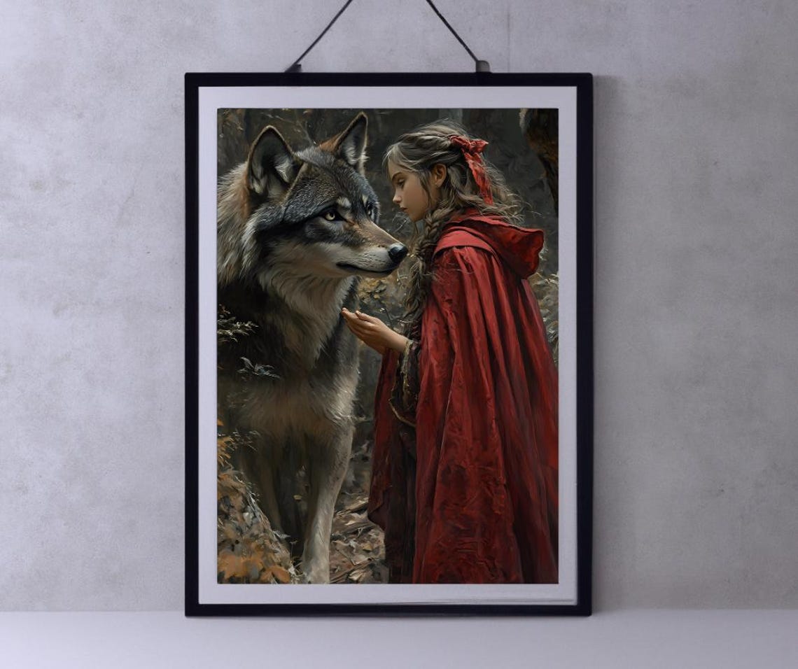 Little Red Riding Hood Gently Touching Wolf Realistic Painting Poster