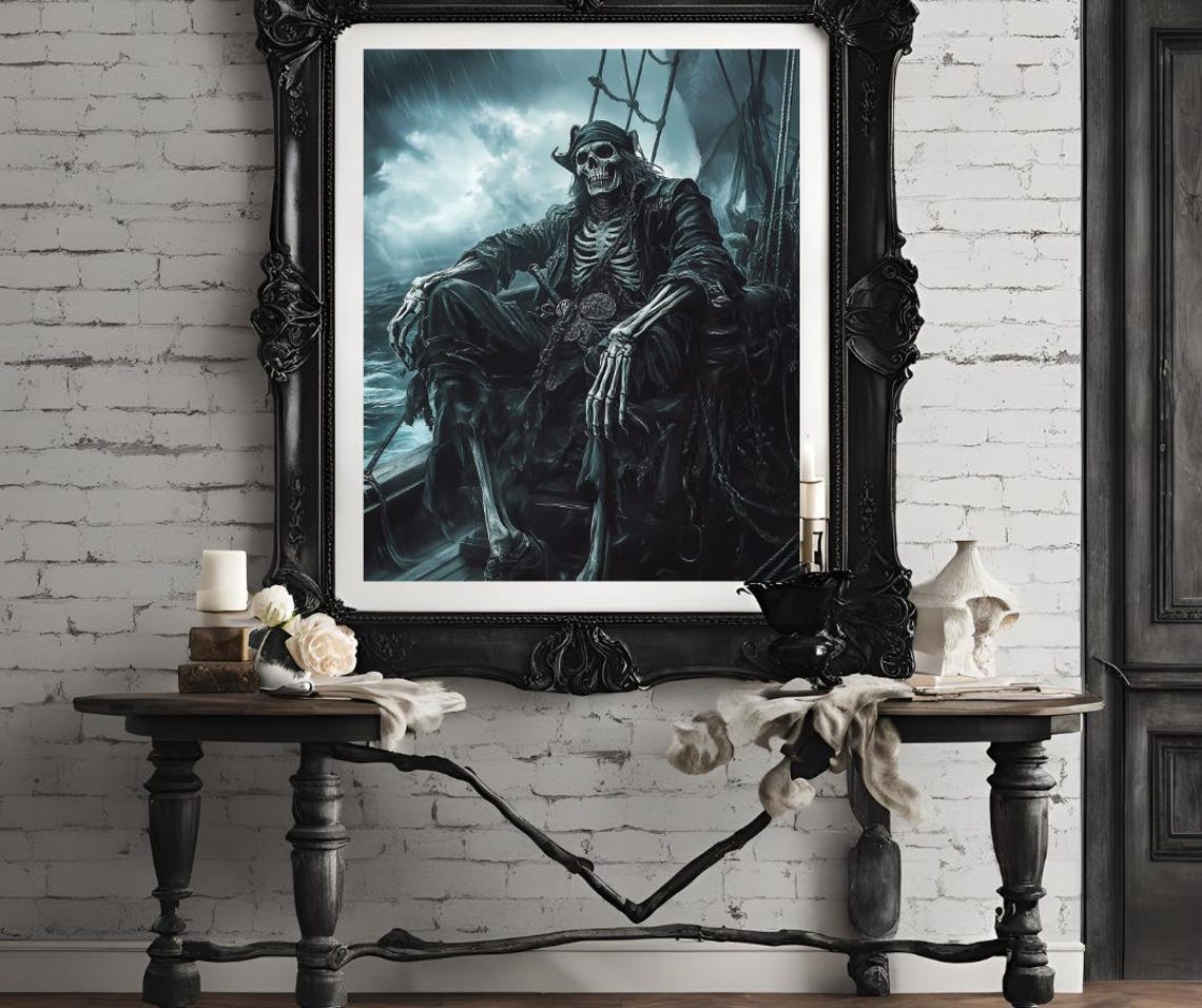 Skeleton Pirate Captain Sitting on a Stormy Haunted Ship Poster - Image 4