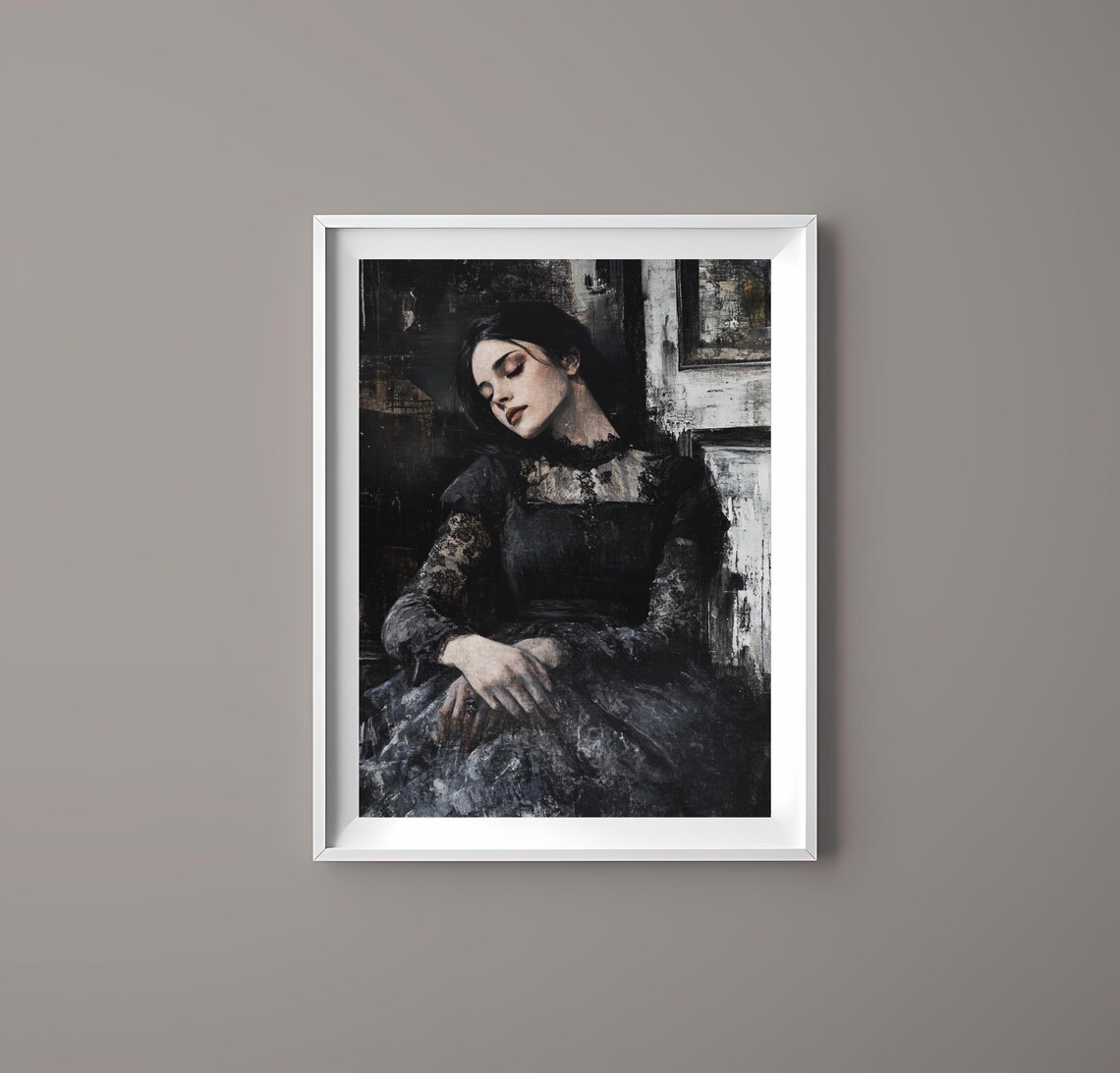 Elegant Woman Black Dress Gothic Resting Moody Victorian Art Poster - Image 3