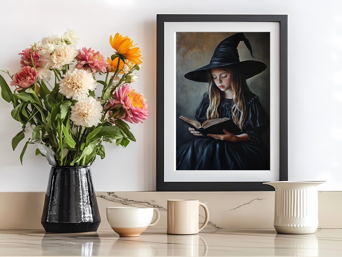 Enchanting Art Little Girl In Witch Hat Reading Magical Wall Art - Image 2