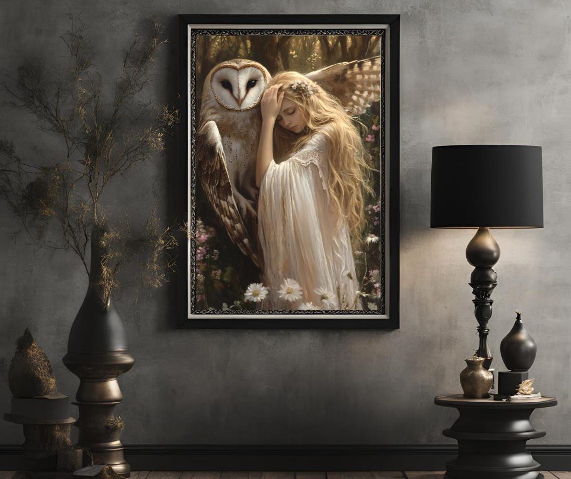 Blonde Goddess Gently Embracing a Giant Barn Owl Forest Flowers Poster - Image 2
