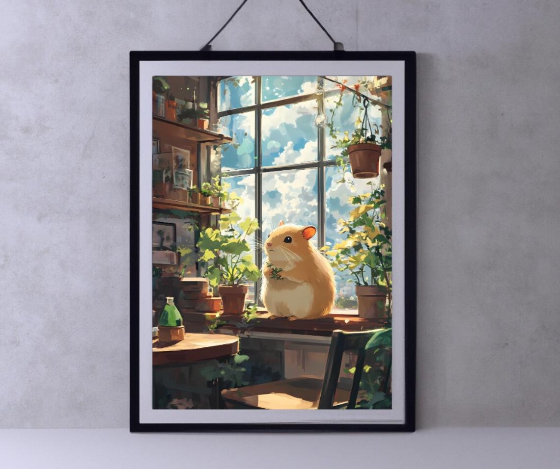 Cozy Hamster Botanical Window Sunny Anime Style Animal Art Poster