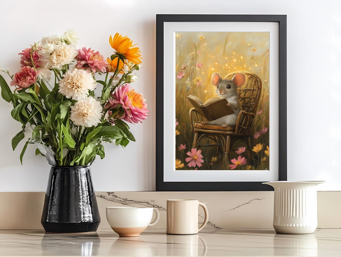 Charming Little Mouse Reading a Book in a Sunlit Flower Meadow Poster - Image 2