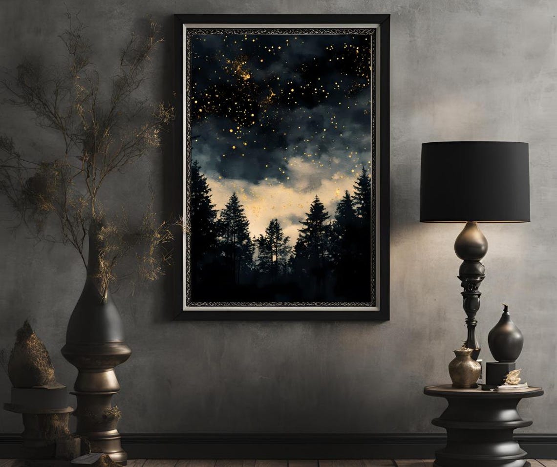 Golden Starry Sky Over Pine Forest Silhouettes Night Clouds Poster - Image 2