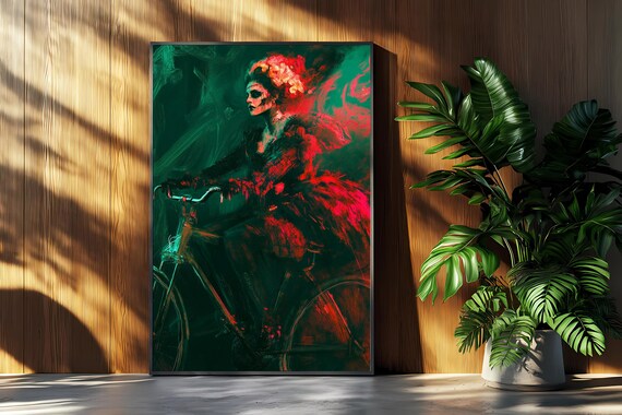 Surreal Woman On Bicycle Art Print Fiery Gothic