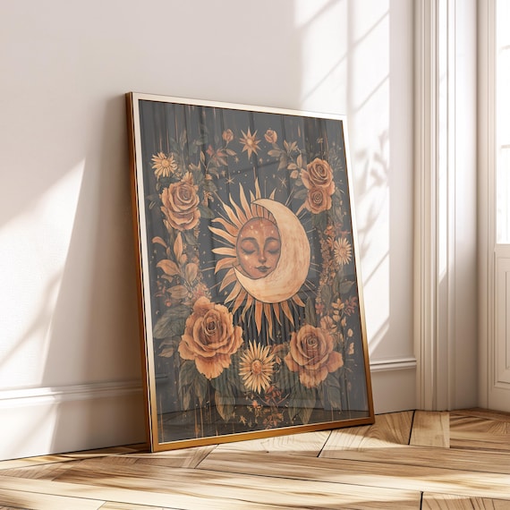 Sun And Moon Face Wall Art Mystical Floral Celestial Poster Boho Spiritual Print Vintage Star Decor Instant
