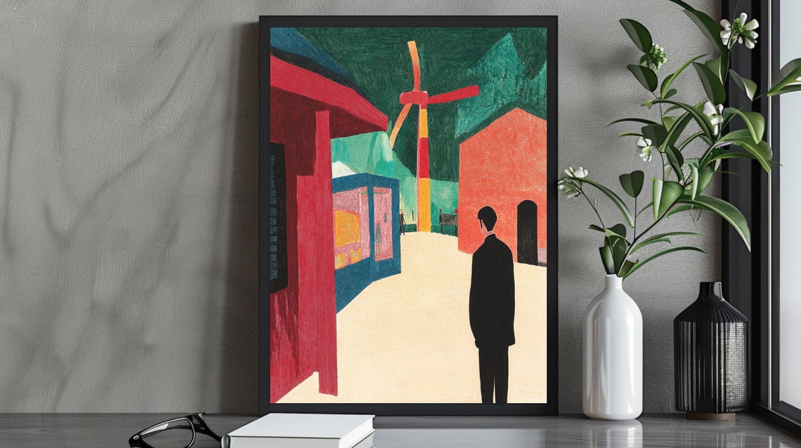 Minimalist Abstract Street Scene Man Before Red Building Modern Poster