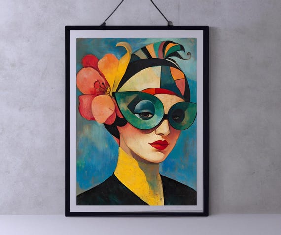 Modern Pop Art Portrait Stylish Woman With Bold Glasses And Flower Vibrant Wall Decor Gift For Art Enthusiasts