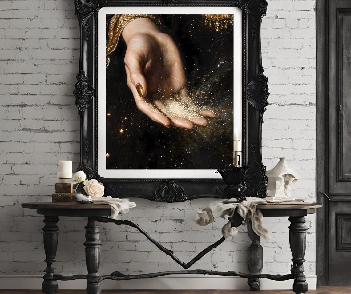 Close-Up Hand Holding Golden Stardust on Dark Celestial Art Poster - Image 4