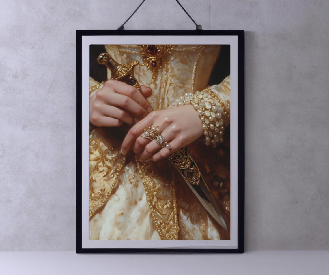 Victorian Princess Holding Jeweled Sword Gold Baroque Gown Dark Poster