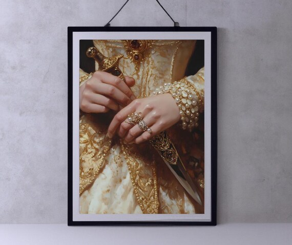 Victorian Princess Holding Jeweled Sword Gold Baroque Gown Dark Poster