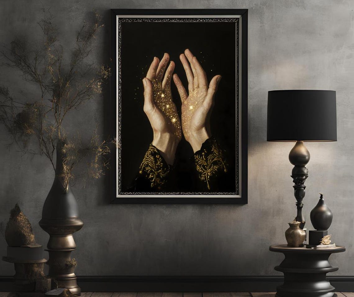 Golden Starry Hands Dark Celestial Magic Moody Night Sky Art Poster - Image 2