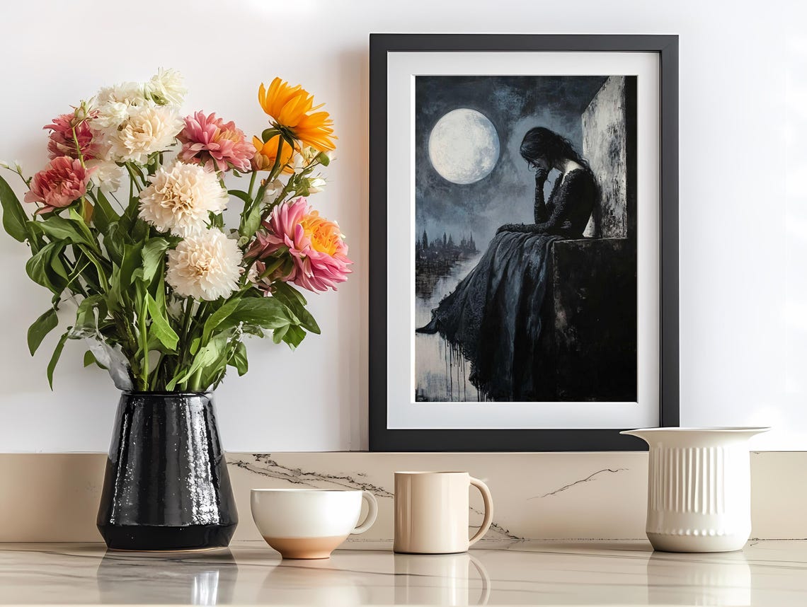 Gothic Art Woman Under Full Moon Illustration Dramatic Dark Wall Art Gift For Her - Image 2
