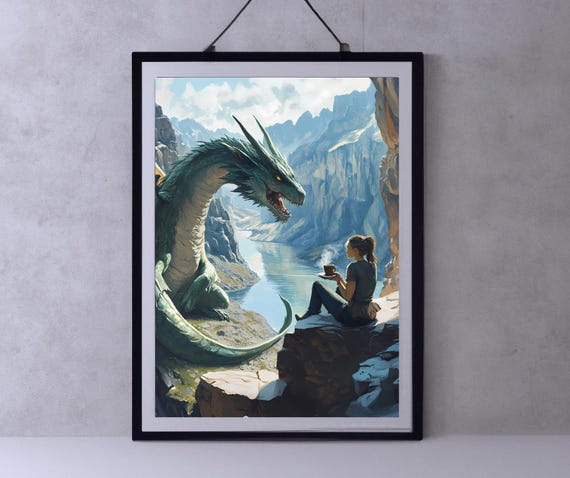 Fantasy Dragon Encounter Art Woman With Coffee And Green Dragon Epic Scenic Wall Decor Gift For Fantasy Lovers