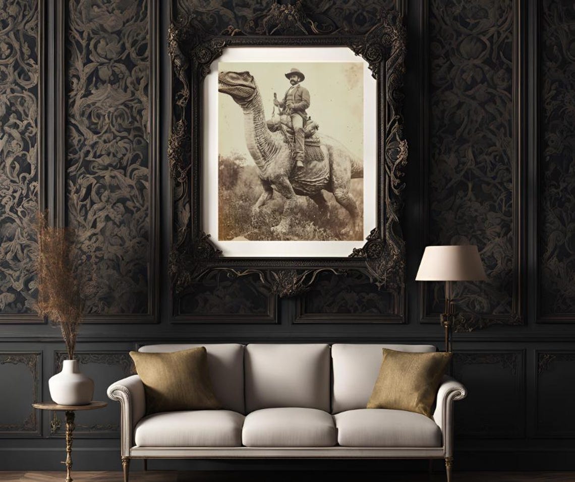 Dinosaur Cowboy Vintage Photography Art Poster Print Dark Academia Gothic Occult Poster Gothic Home Decor Western Jurassic - Image 3