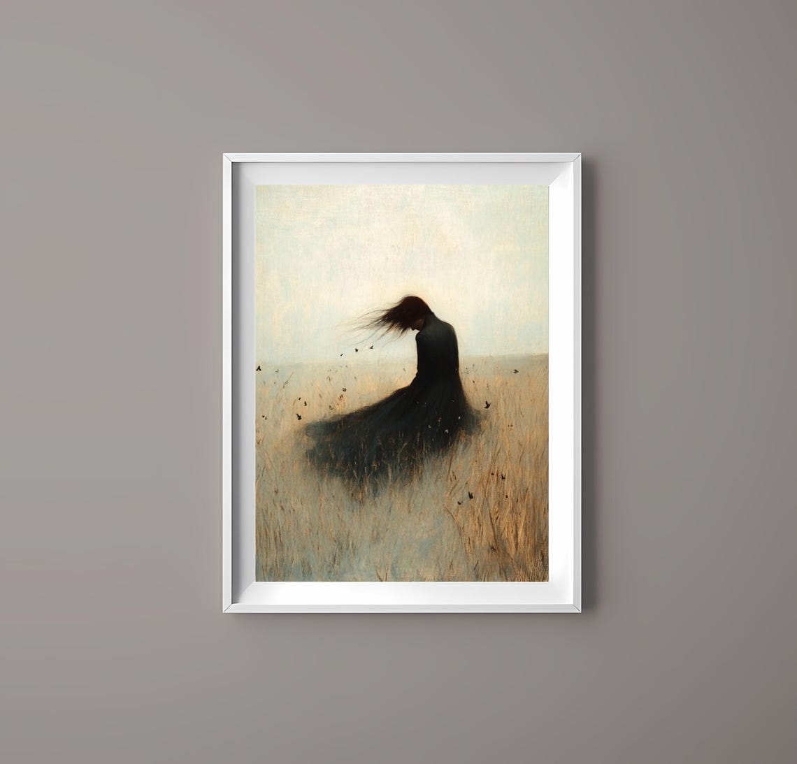 Minimalist Woman Alone in a Golden Wheat Field Serene Art Poster - Image 3