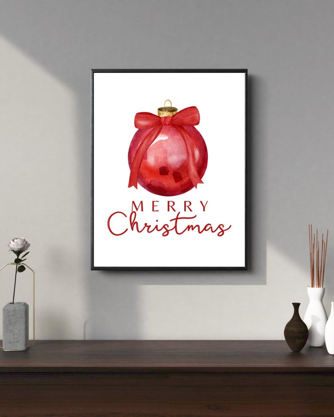 Merry Christmas Red Bauble Bow White Background Festive Poster - Image 2