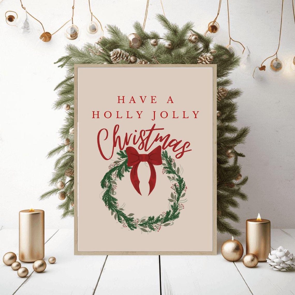 Have A Holly Jolly Christmas Wreath Red Bow Beige Holiday Poster - Image 2
