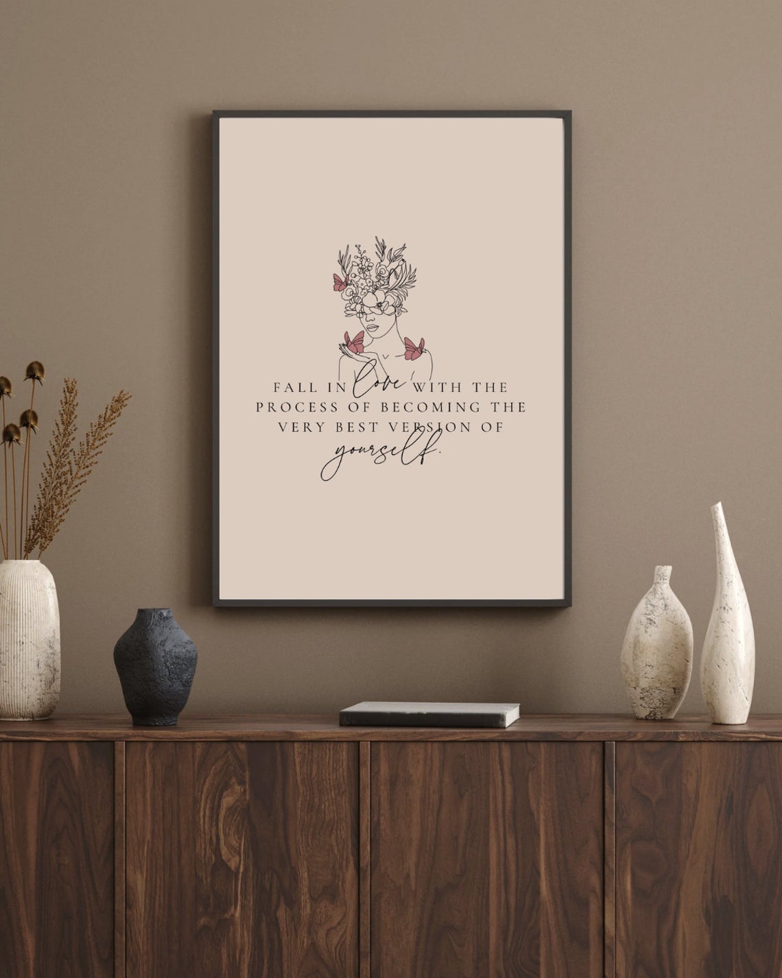 Fall in Love With Becoming Your Very Best Self Floral Line Art Poster - Image 3