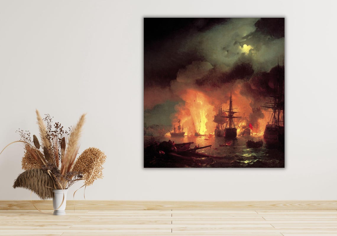 Dramatic Night Naval Battle Burning Tall Ships Ocean Art Poster - Image 2