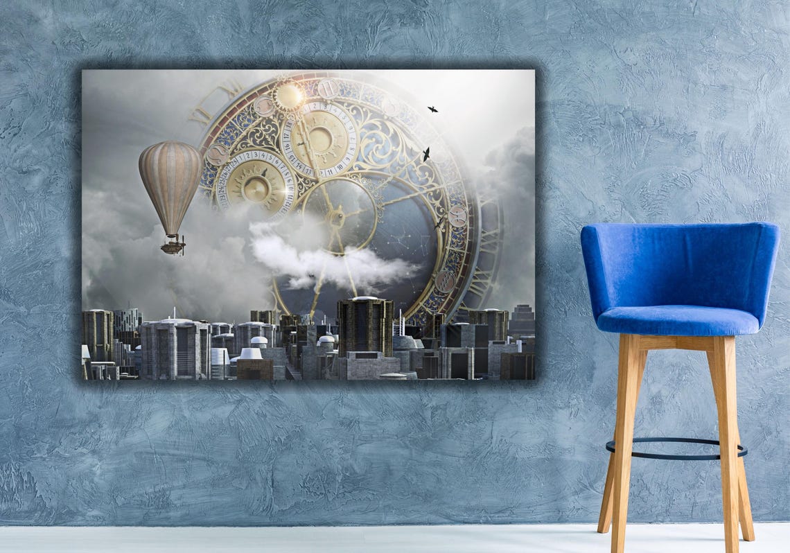 Steampunk Clock Hot Air Balloon City Surreal Collage Art Poster