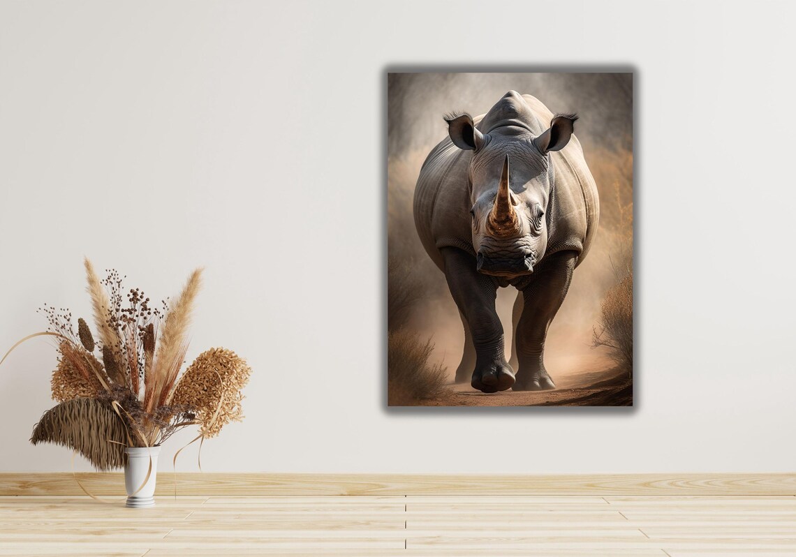 Rhinoceros Walking On Dusty Path Dramatic Close Up Wildlife Safari Art Poster - Image 2