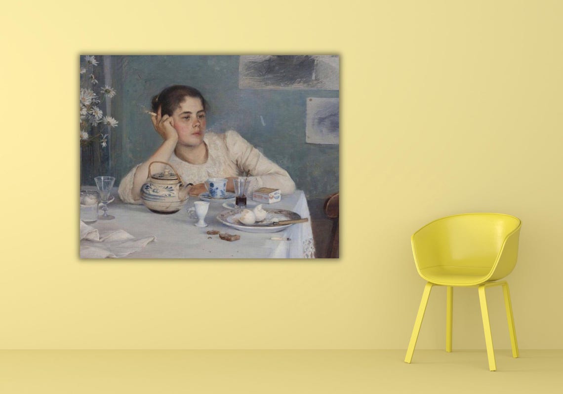 Contemplative Woman Smoking at Tea Table Impressionist Portrait Poster - Image 3
