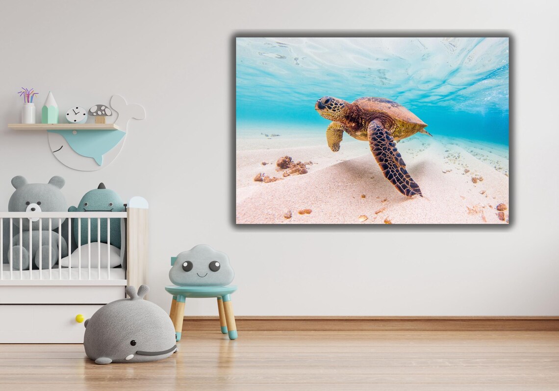 Sea Turtle Swimming Crystal Blue Water Underwater Ocean Photo Poster - Image 2