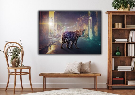 Leopard Walking Rainy Night Street Neon Lights Wildlife Photo Poster