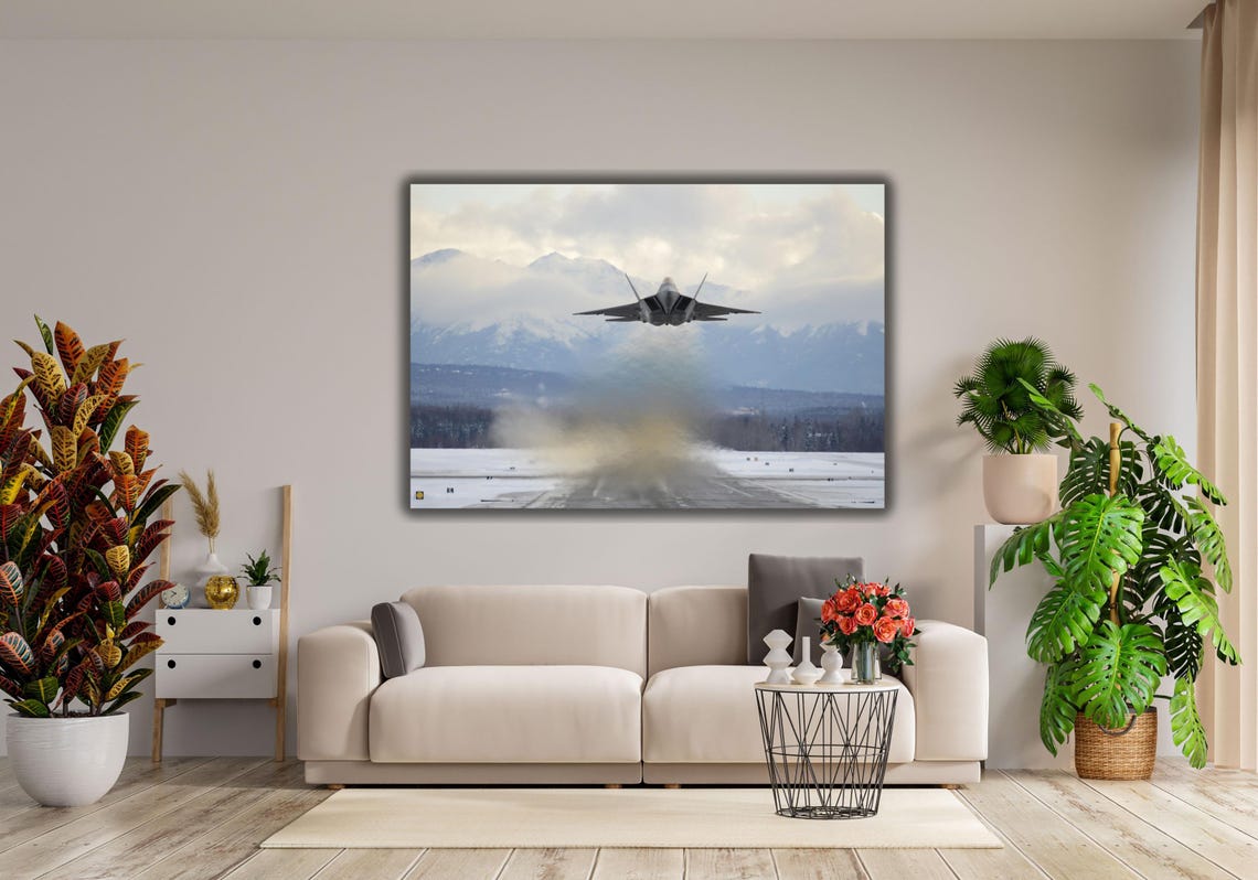 F-22 Raptor Stealth Fighter Snowy Runway Takeoff Aviation Poster - Image 3