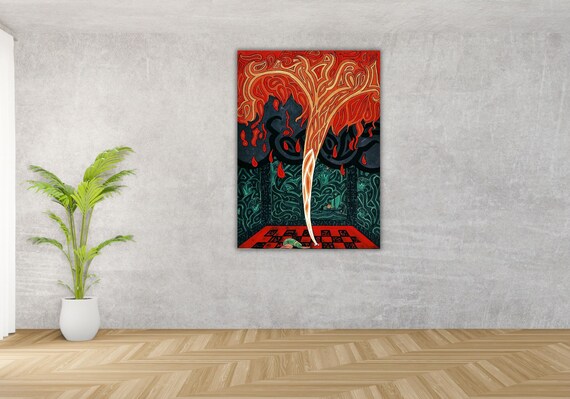 Surreal Flaming Tree Erupting Through Checkered Floor Fantasy Poster