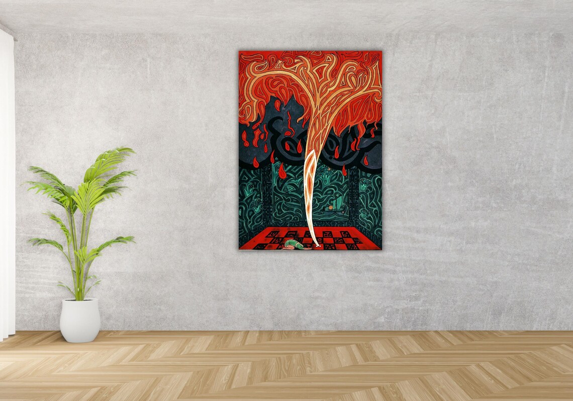 Surreal Flaming Tree Erupting Through Checkered Floor Fantasy Poster
