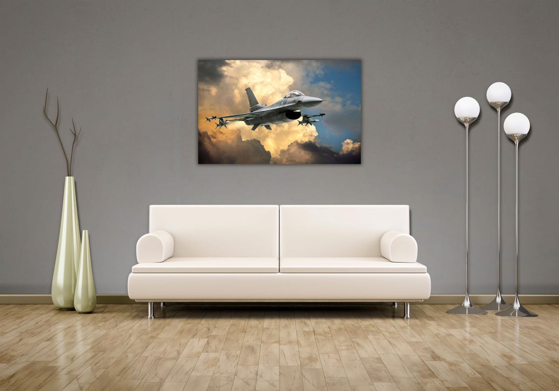 F16 Fighter Jet Soaring Golden Clouds Military Aviation Poster - Image 3
