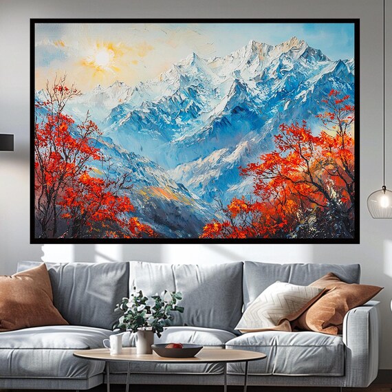 Snowy Blue Mountains Red Autumn Trees Framed Oil Painting Poster