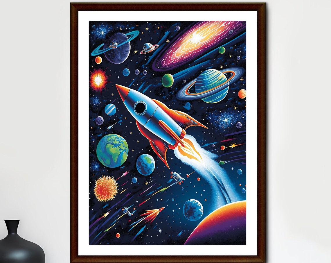 Retro Rocket Space Adventure Planets Galaxy Kids Room Poster