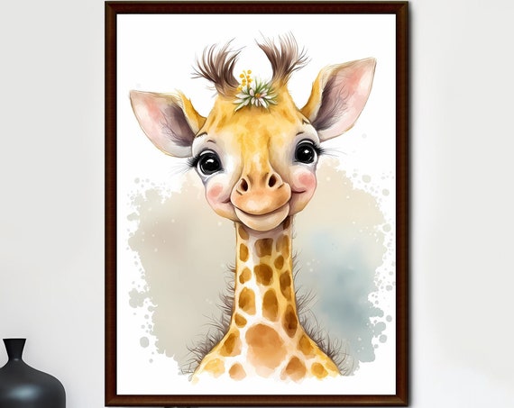 Bayb Giraffe Wall Art Nursery Print Portrait Peekaboo Animal Floral Crown Artwork