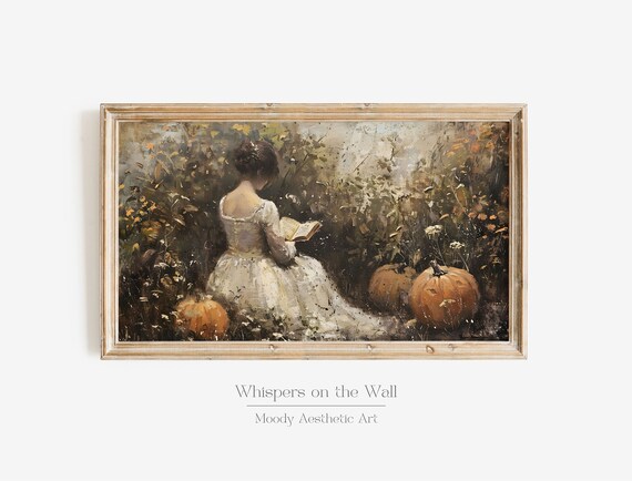 Fall Woman Reading Frame Tv Art Pumpkin Frame Tv Art Moody Thanksgiving Art Autumn Decor Halloween Art